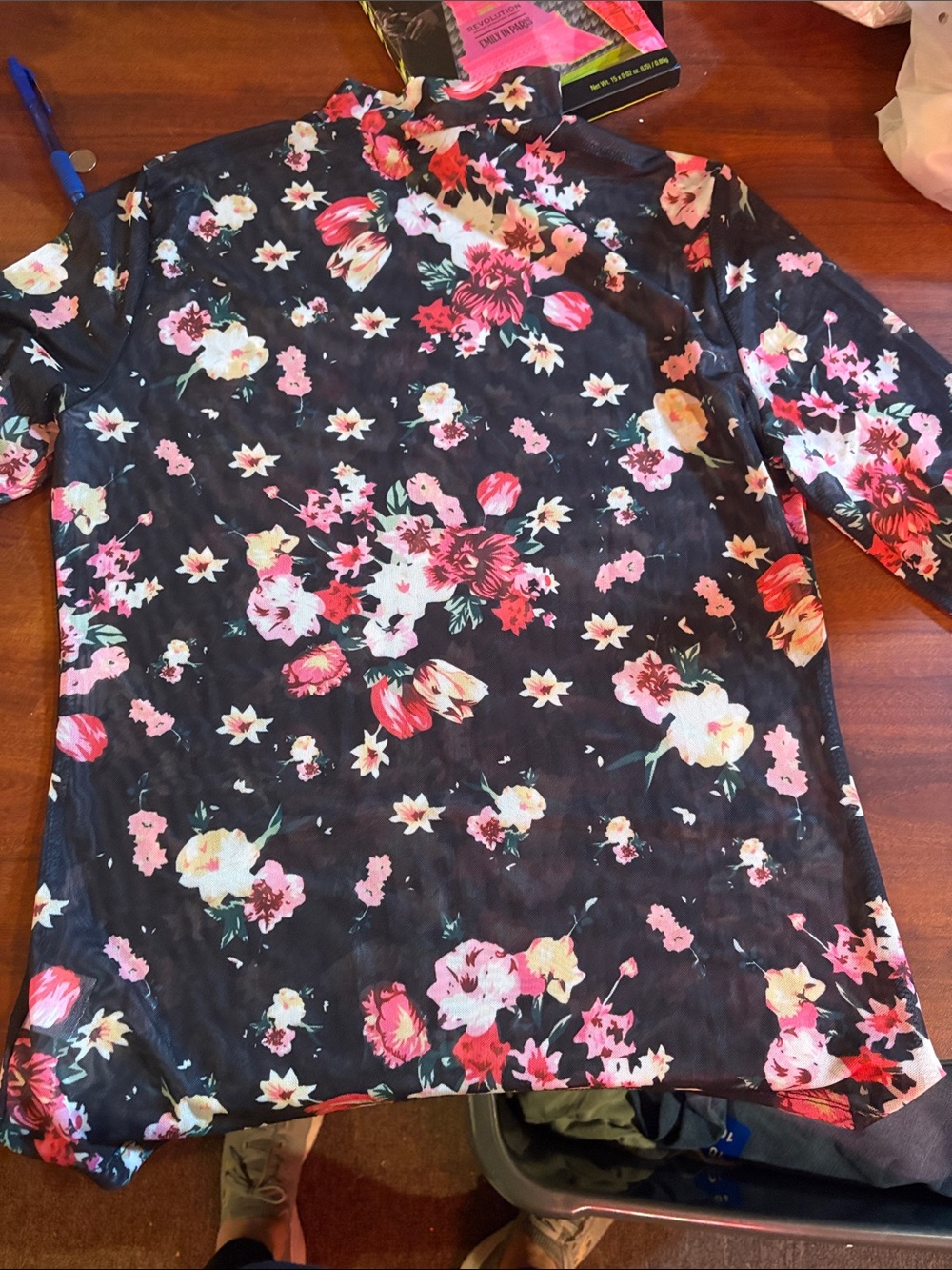 Black Floral Tunic Top with Pink & Cream Blooms